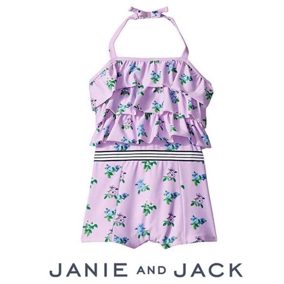 Janie and Jack Ruffle Halter Swimsuit Floral Stripe Retro 12-18 Months - Picture 1 of 14